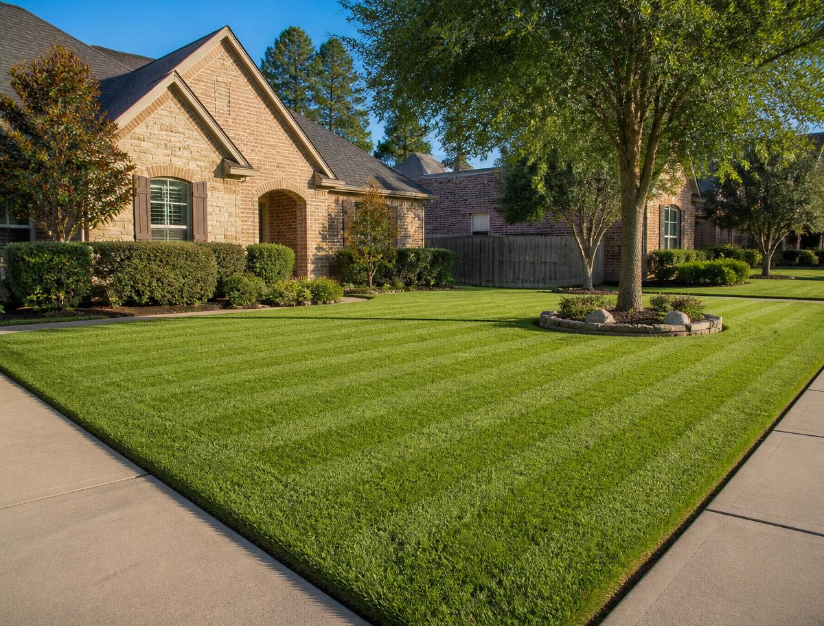 Professionally maintained residential lawn with clean mowing stripes and trimmed edges in East Texas